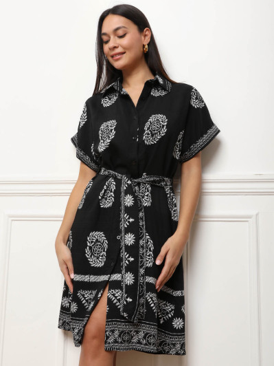Robe chemise ceinturée à motifs bohèmes noire