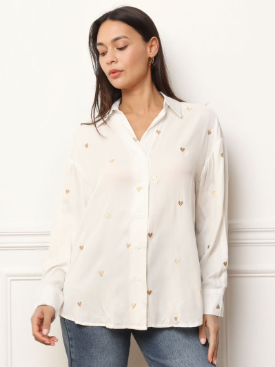 Chemise blanche fluide brodée à cœurs