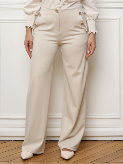 Pantalon large à boutons décoratifs beige