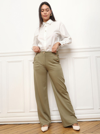 Pantalon large à boutons décoratifs kaki