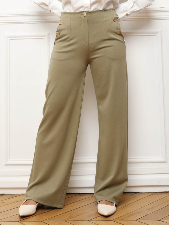 Pantalon large à boutons décoratifs kaki