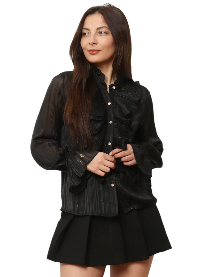 Chemisier noir rayé transparent à manches évasées