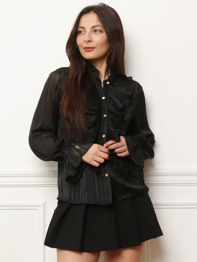 Chemisier noir rayé transparent à manches évasées