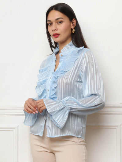 Chemisier bleu clair rayé transparent à manches évasées