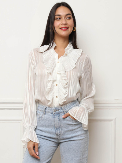Chemisier blanc rayé transparent à manches évasées
