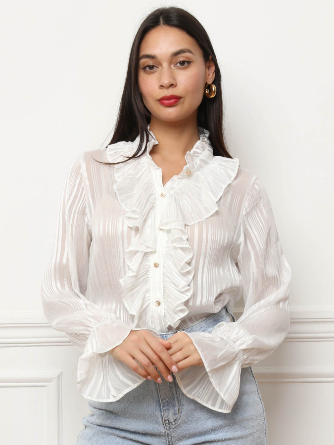 Chemisier blanc rayé transparent à manches évasées