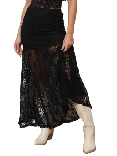 Jupe longue et évasée en dentelle noire