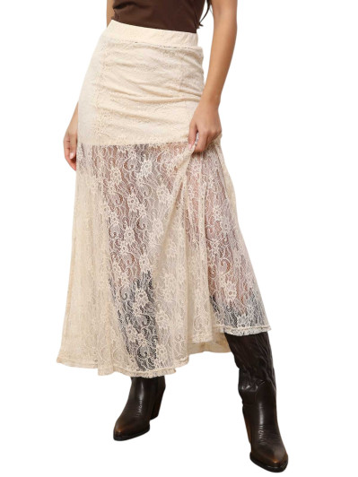 Jupe longue et évasée en dentelle beige