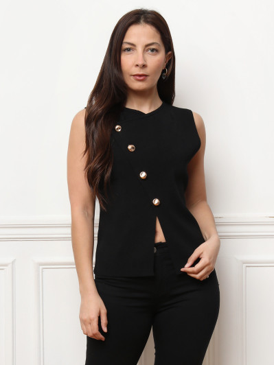 Top noir en maille à boutons dorés