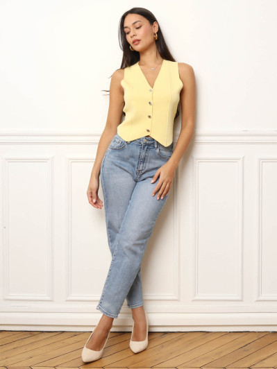 Top boutonné à dos en dentelle jaune