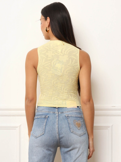Top boutonné à dos en dentelle jaune