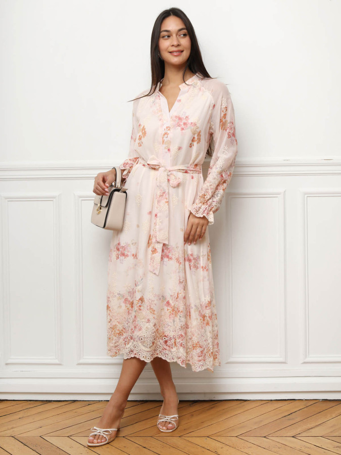 Robe longue à motif floral et ceinture rose