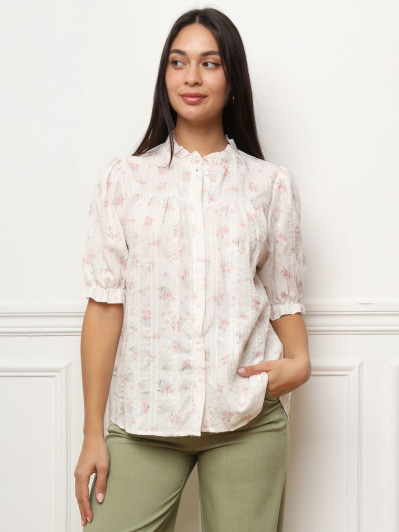 Chemisier fleuri blanc et rose à manches bouffantes