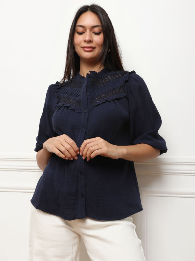 Chemisier texturé à détails en crochet bleu marine