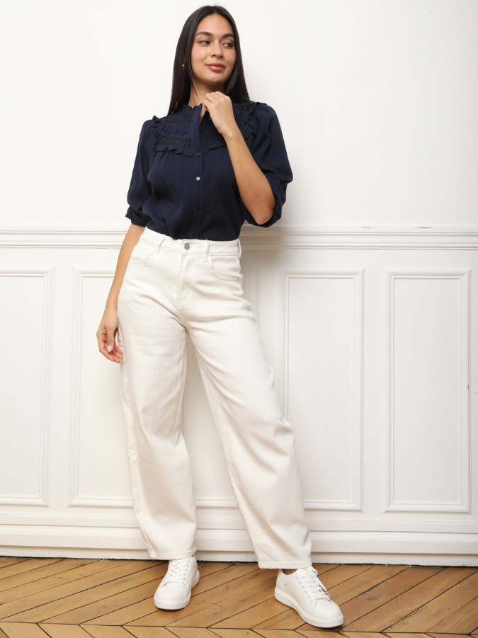 Chemisier texturé à détails en crochet bleu marine