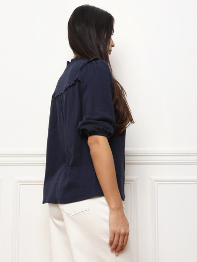 Chemisier texturé à détails en crochet bleu marine