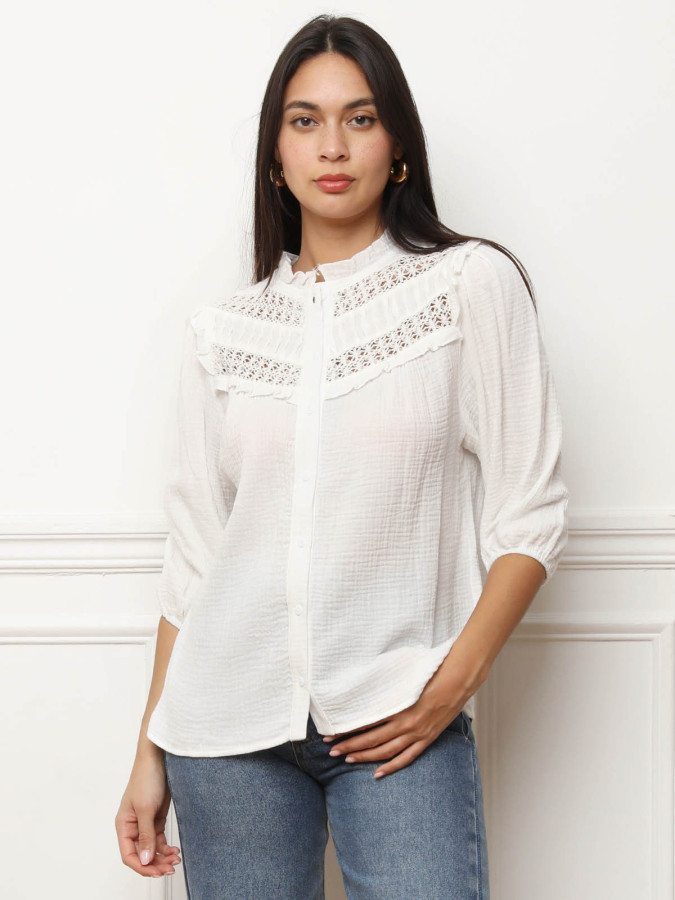 Chemisier texturé à détails en crochet blanc