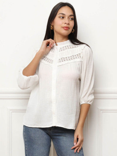 Chemisier texturé à détails en crochet blanc