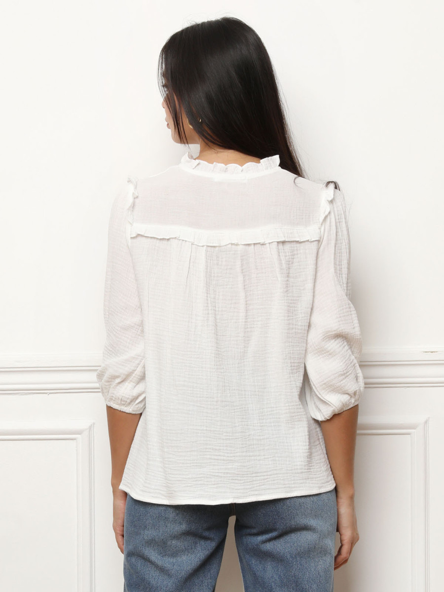 Chemisier Transparent Blanc Avec Volants Et Boutons - Taille L - Marque Purple - Occasion Très Bon état