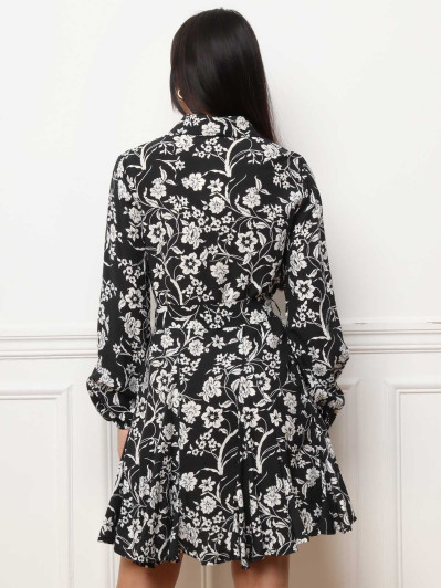 Robe chemise à volants et fleurs noire