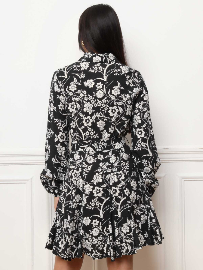 Robe chemise à volants et fleurs noire