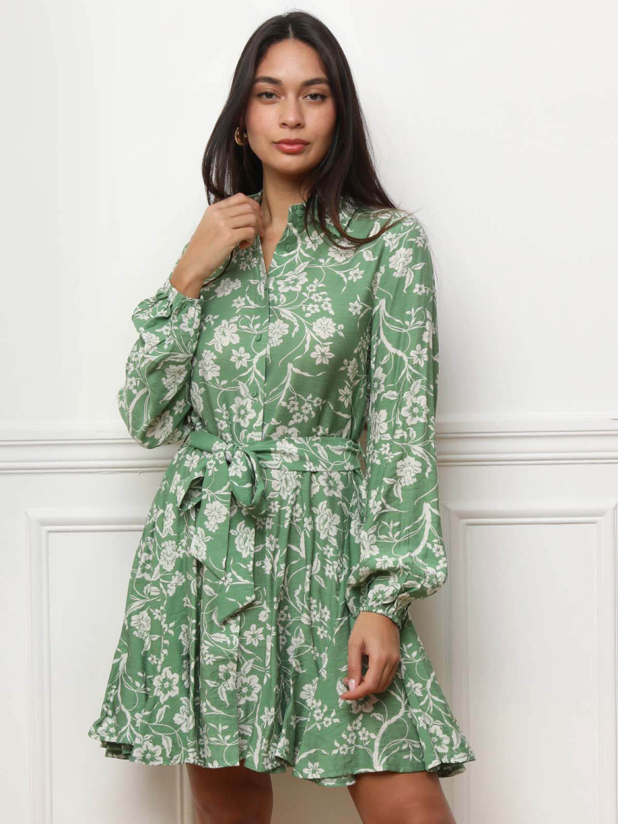 Robe chemise à volants et fleurs verte