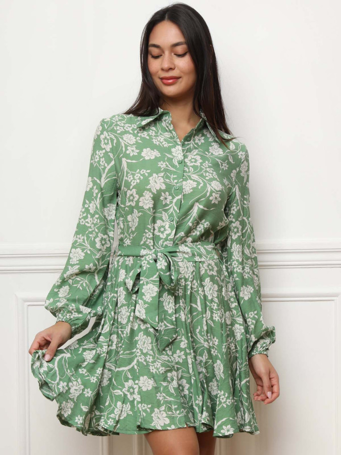 Robe chemise à volants et fleurs verte