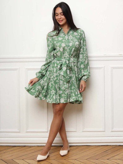 Robe chemise à volants et fleurs verte