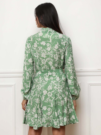 Robe chemise à volants et fleurs verte