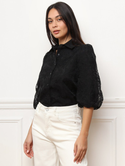 Chemise tulle brodée noire et manches bouffantes