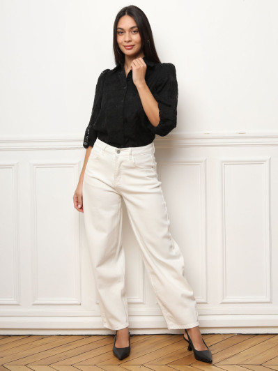 Chemise tulle brodée noire et manches bouffantes