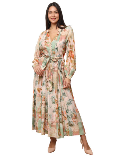 Robe longue fleurie à ceinture rose et verte