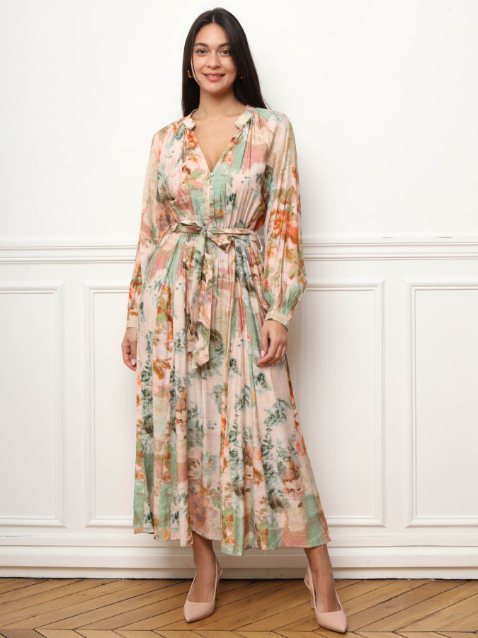 Robe longue fleurie à ceinture rose et verte