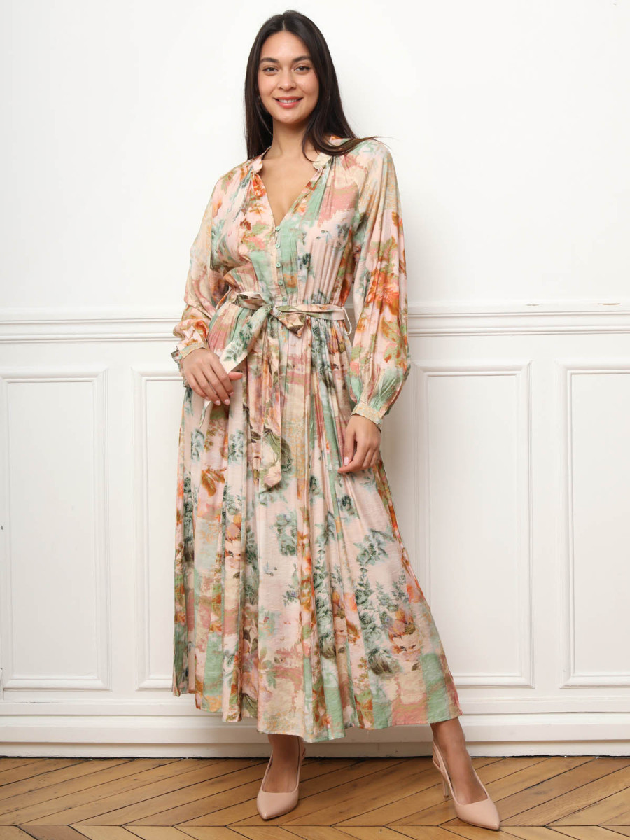 Robe longue fleurie à ceinture rose et verte