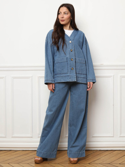 Veste en jeans ample à fentes bleue