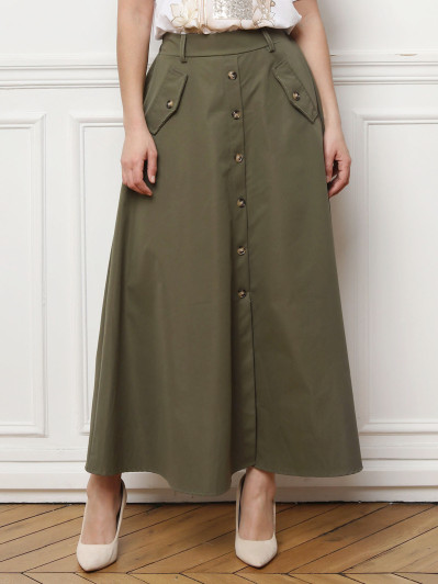Jupe longue évasée et boutonnée kaki