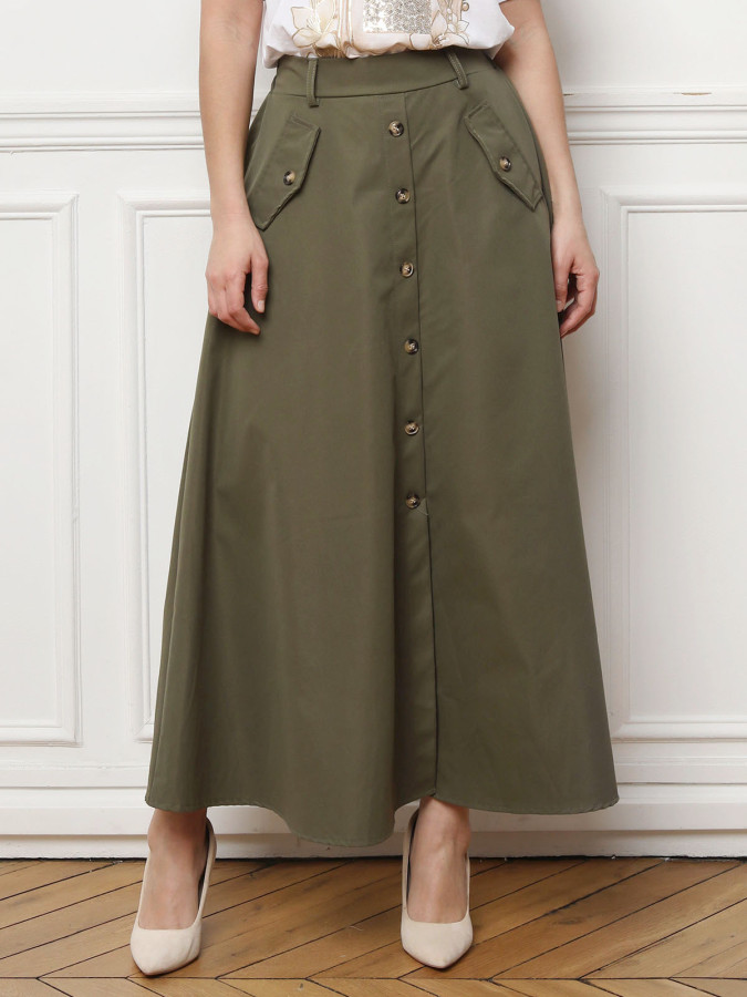 Jupe longue évasée et boutonnée kaki