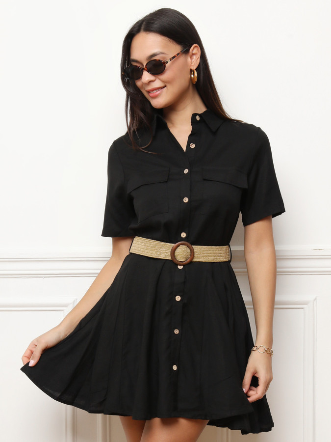 Robe chemise évasée en lin avec ceinture