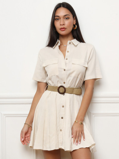 Robe chemise évasée en lin avec ceinture
