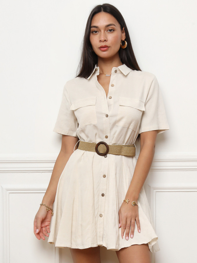 Robe chemise évasée en lin avec ceinture