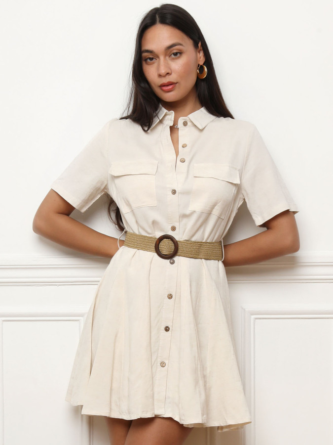 Robe chemise évasée en lin avec ceinture