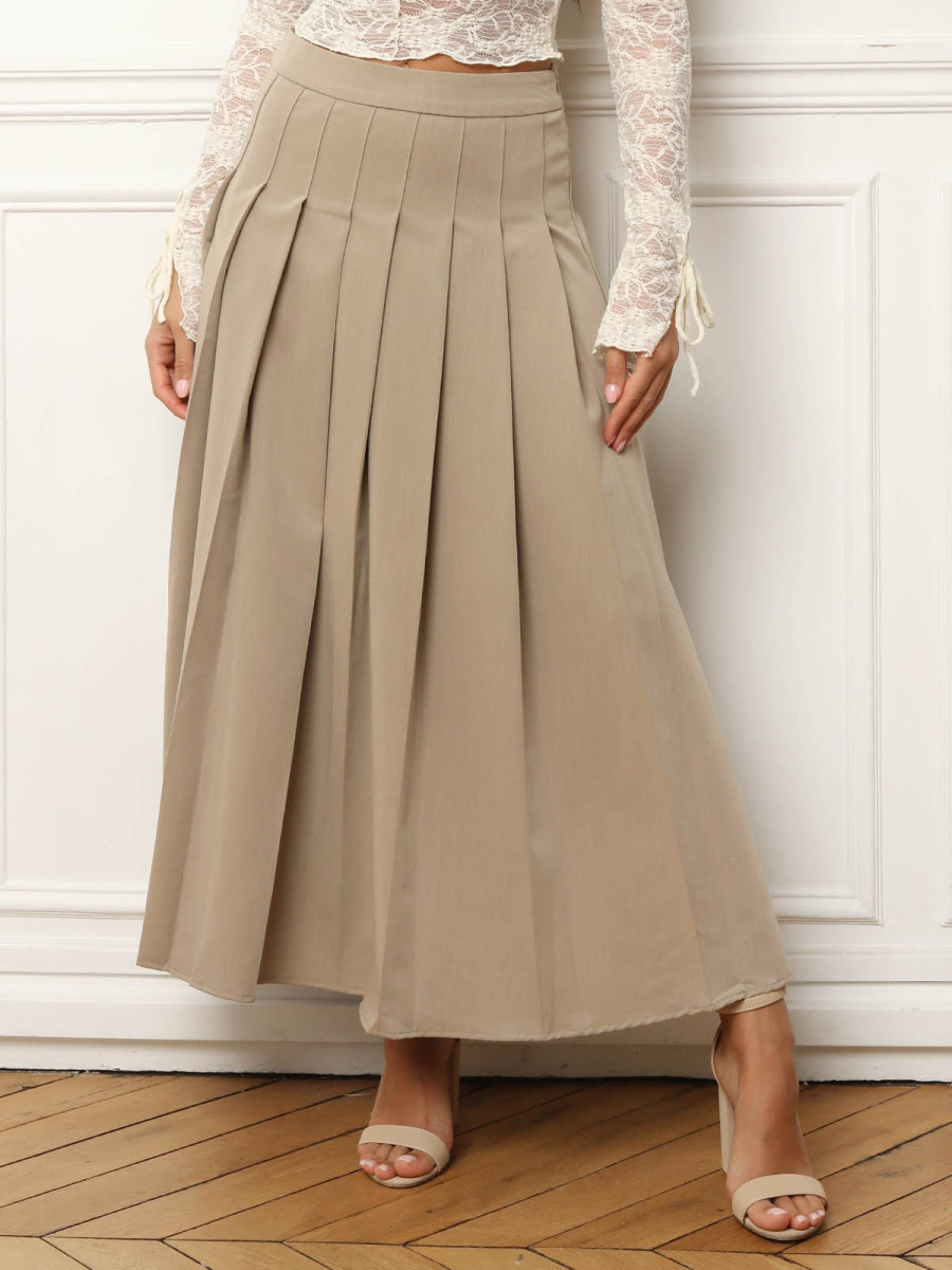 Jupe longue évasée et plissée taupe