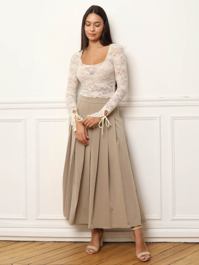 Jupe longue évasée et plissée taupe