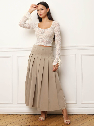 Jupe longue évasée et plissée taupe