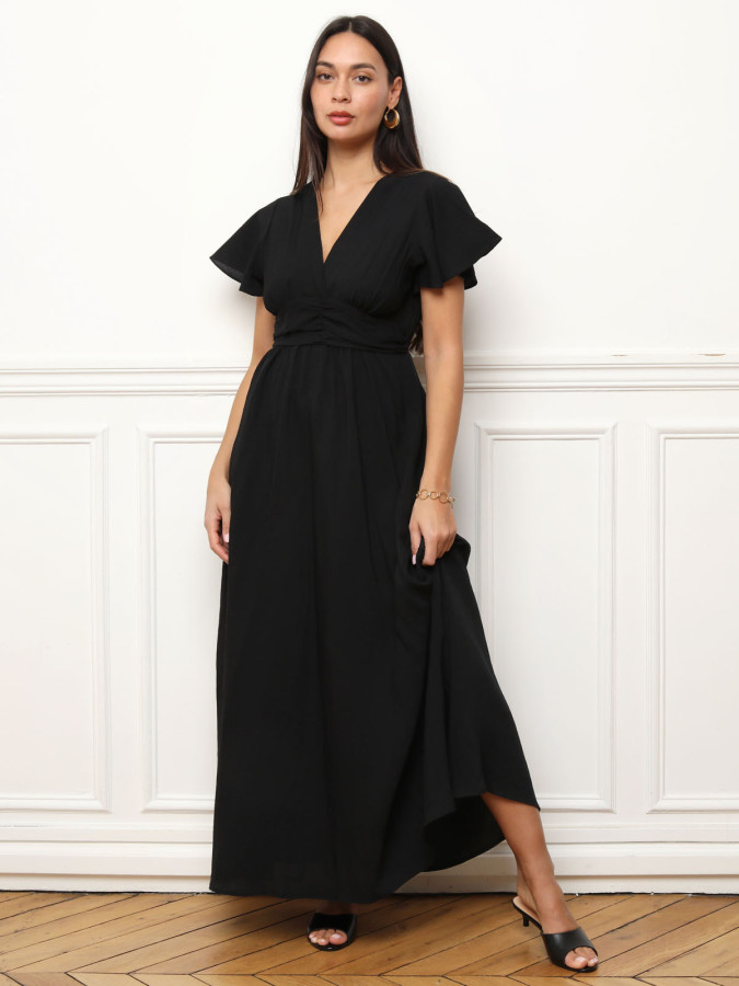 Robe longue cache-cœur à manches volantées