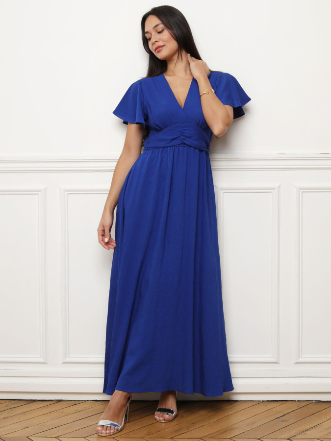 Robe longue cache-cœur à manches volantées