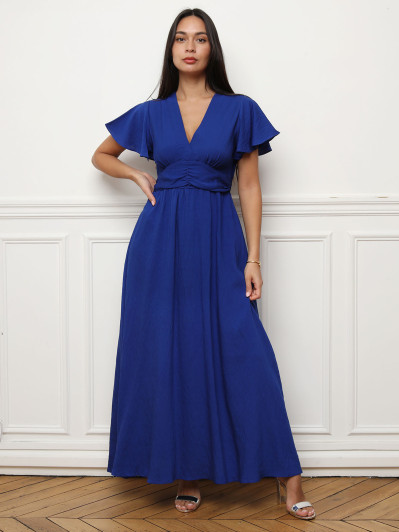 Robe longue cache-cœur à manches volantées