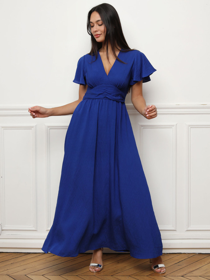 Robe longue cache-cœur à manches volantées