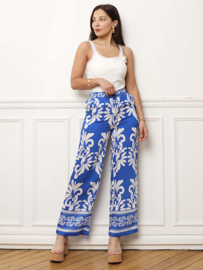 Pantalon bleu fluide droit à motifs