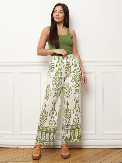Pantalon ample vert à imprimés ethniques